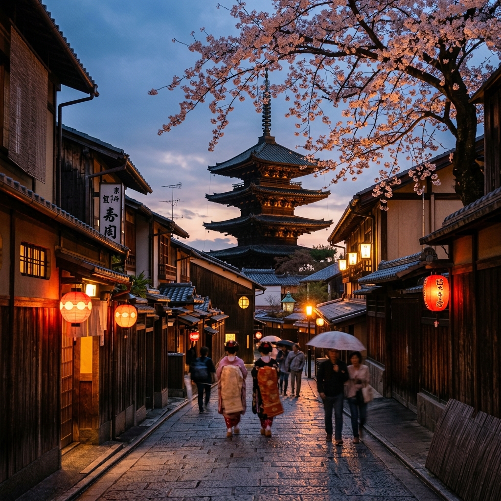Kyoto Gion street with glowing lanterns